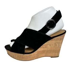 Franco Sarto Sari Suede Leather Platform Wedge Sandals Black Size 8.5